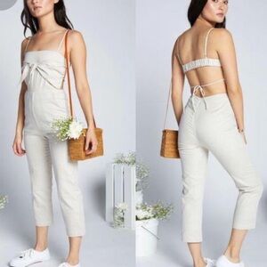 EGGIE Tan Micro Gingham Cropped Open Back Jumpsuit Size Small Tie Front